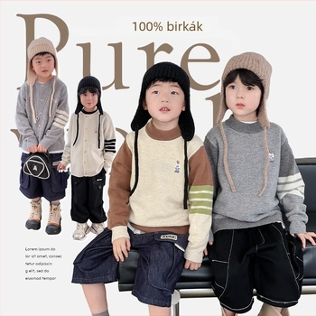 Koreai stílusú gyerek gyapjú pulóver, kerek nyakú, hosszú ujjú, egyszínű minta, 3–8 éveseknek, téli viselet