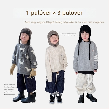 Koreai stílusú gyerek gyapjú pulóver, kerek nyakú, hosszú ujjú, egyszínű minta, 3–8 éveseknek, téli viselet