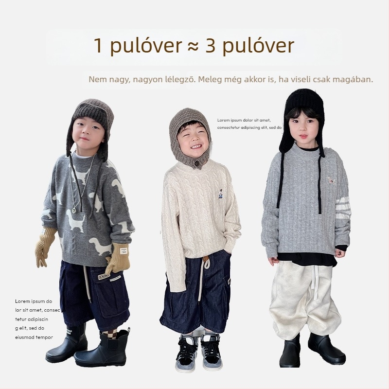 Koreai stílusú gyerek gyapjú pulóver, kerek nyakú, hosszú ujjú, egyszínű minta, 3–8 éveseknek, téli viselet