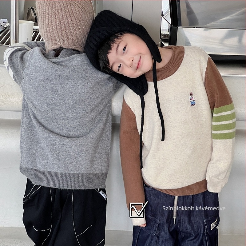 Koreai stílusú gyerek gyapjú pulóver, kerek nyakú, hosszú ujjú, egyszínű minta, 3–8 éveseknek, téli viselet