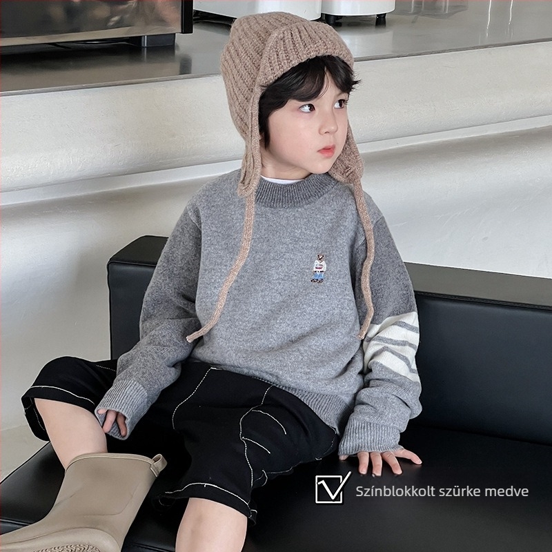 Koreai stílusú gyerek gyapjú pulóver, kerek nyakú, hosszú ujjú, egyszínű minta, 3–8 éveseknek, téli viselet