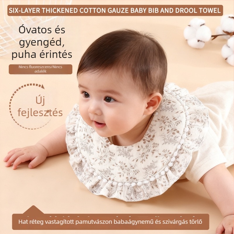 Elegant 6 réteg pamut géz baba etetőcsipkével, vízálló, 0–1 éveseknek