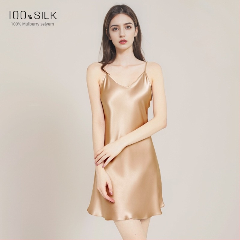 Női 100% mulberry selyem cami slip ruha, rövid, ujjatlan, V-nyakú, kényelmes otthoni viselet