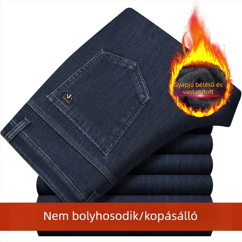 Férfi farmernadrág fleece-béléssel, magas rugalmasság, laza szabású egyenes szár, magas derék, őszi hétköznapi viselet, zsebes díszítéssel