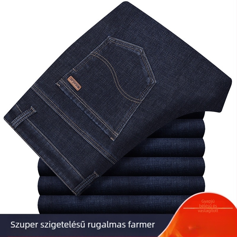 Férfi farmernadrág fleece-béléssel, magas rugalmasság, laza szabású egyenes szár, magas derék, őszi hétköznapi viselet, zsebes díszítéssel