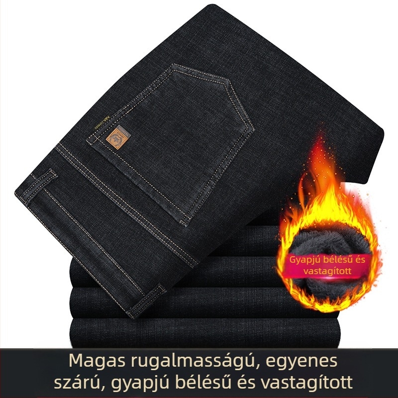 Férfi farmernadrág fleece-béléssel, magas rugalmasság, laza szabású egyenes szár, magas derék, őszi hétköznapi viselet, zsebes díszítéssel