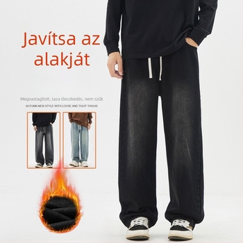 Férfi fleece-színű farmernadrág, egyenes szabás, középmagasságú derék, cipzár, capri hossz, tél 2025