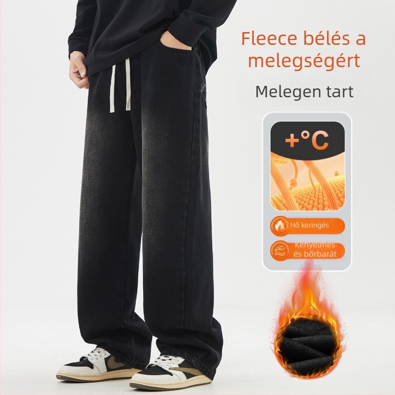 Férfi fleece-színű farmernadrág, egyenes szabás, középmagasságú derék, cipzár, capri hossz, tél 2025