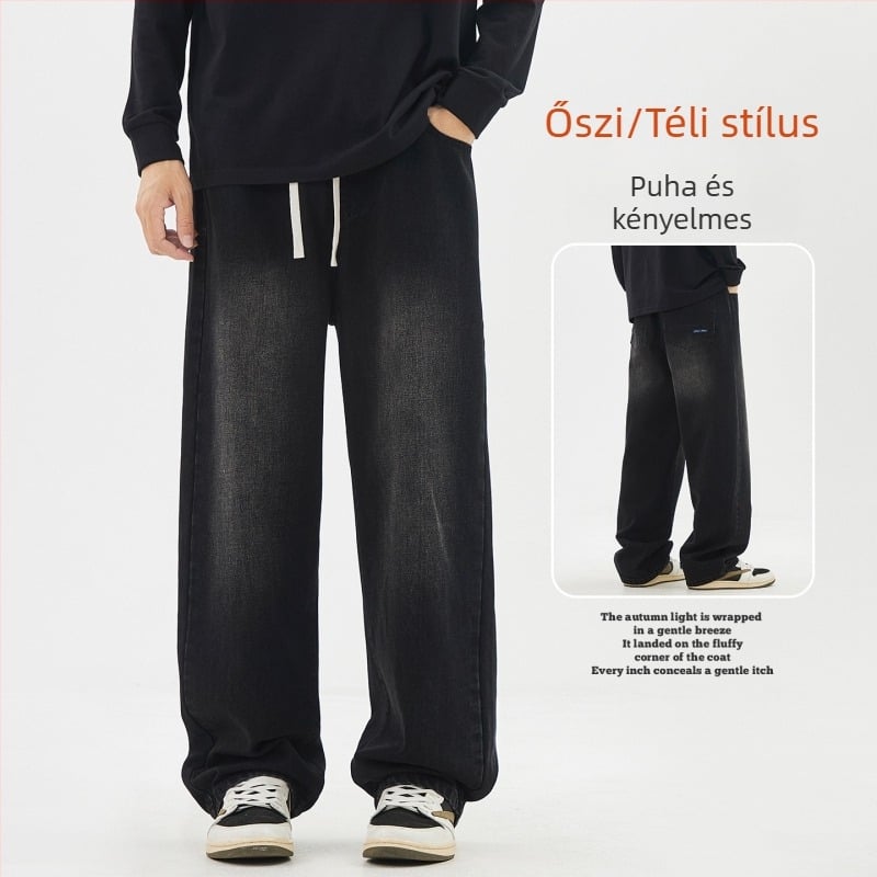 Férfi fleece-színű farmernadrág, egyenes szabás, középmagasságú derék, cipzár, capri hossz, tél 2025