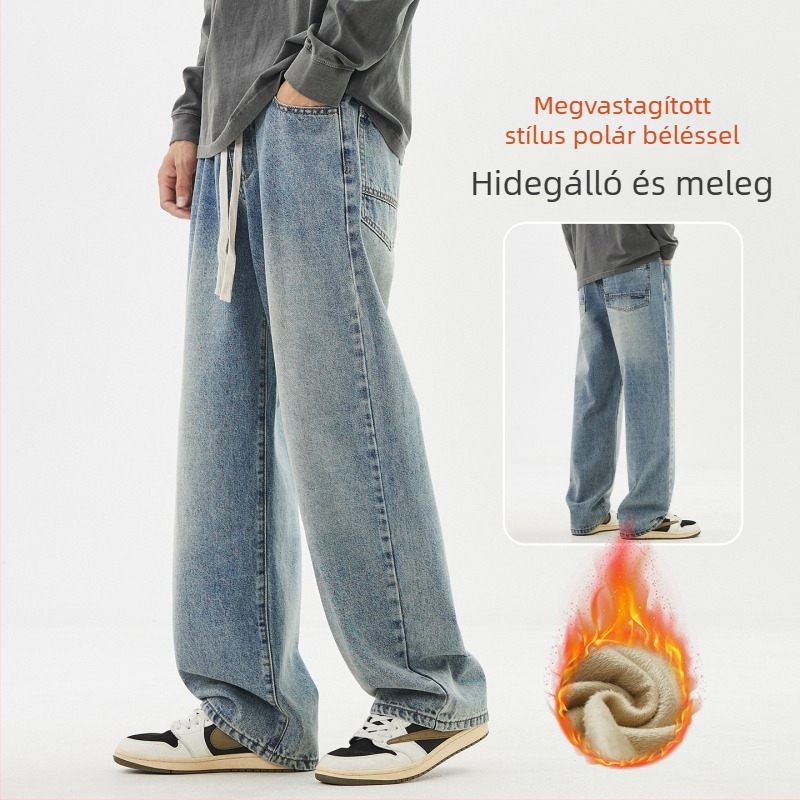Férfi fleece-színű farmernadrág, egyenes szabás, középmagasságú derék, cipzár, capri hossz, tél 2025