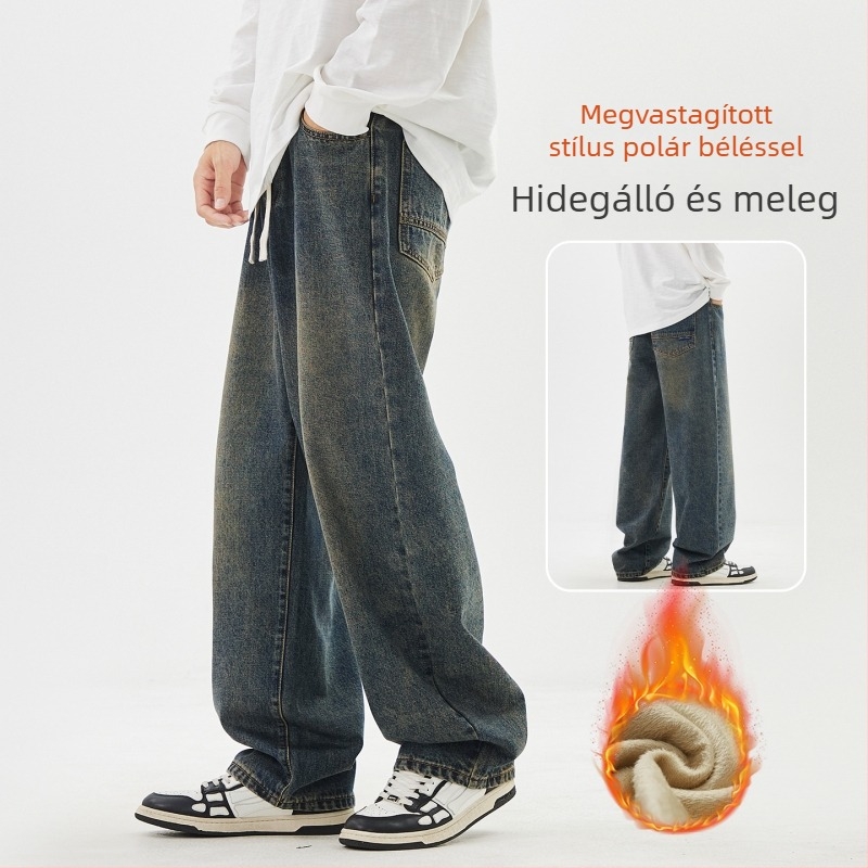 Férfi fleece-színű farmernadrág, egyenes szabás, középmagasságú derék, cipzár, capri hossz, tél 2025
