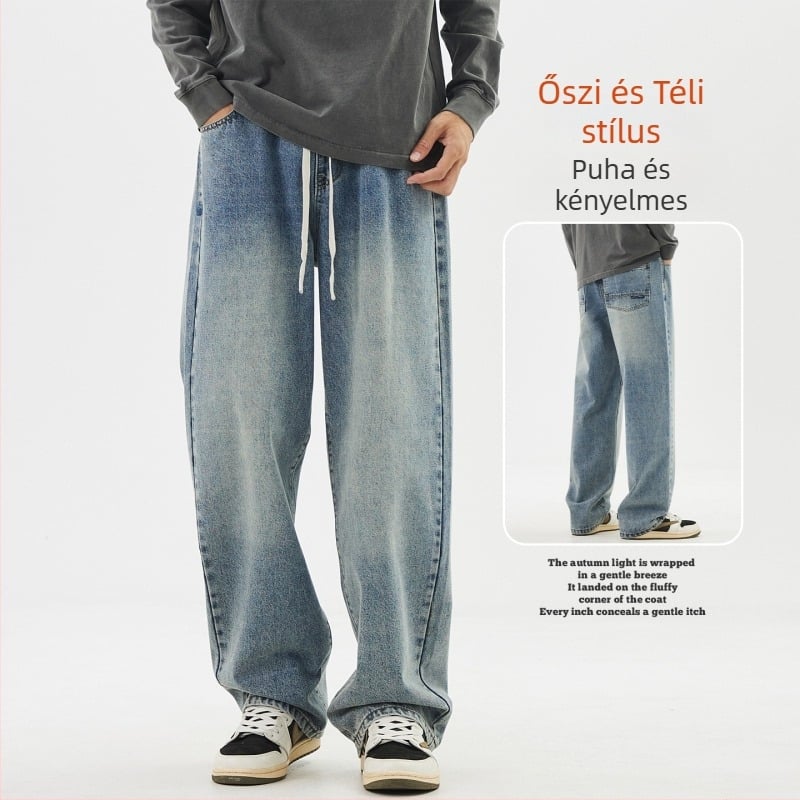 Férfi fleece-színű farmernadrág, egyenes szabás, középmagasságú derék, cipzár, capri hossz, tél 2025