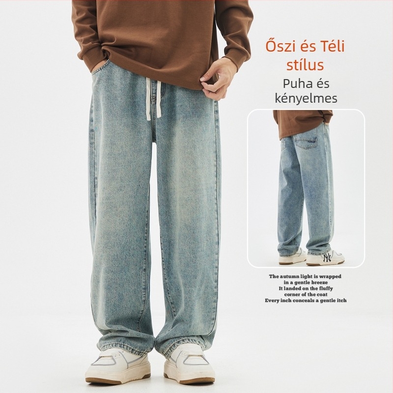 Férfi fleece-színű farmernadrág, egyenes szabás, középmagasságú derék, cipzár, capri hossz, tél 2025
