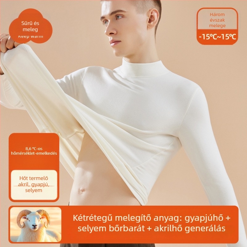 Férfi gyapjú-selyem termo felső félmagas gallérral, Velúr béléssel, extra vastag 301-350 g/m²
