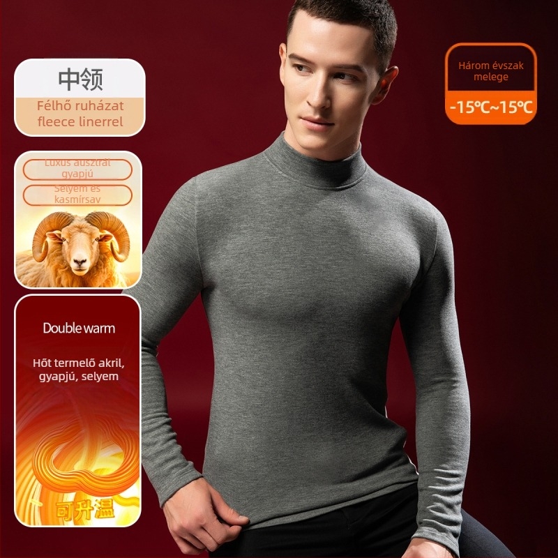 Férfi gyapjú-selyem termo felső félmagas gallérral, Velúr béléssel, extra vastag 301-350 g/m²