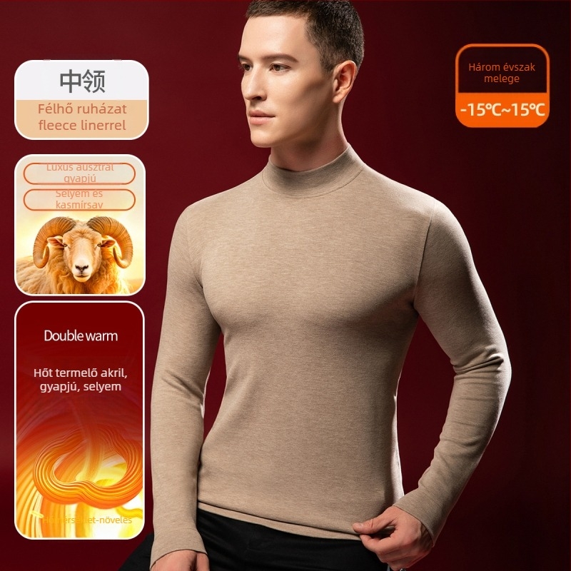 Férfi gyapjú-selyem termo felső félmagas gallérral, Velúr béléssel, extra vastag 301-350 g/m²