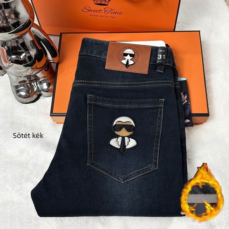 Galeries Lafayette férfi denim nadrág broderiával, slim-fit, egyenes szár, középmagas derékú, enzimes mosás, négy évszak