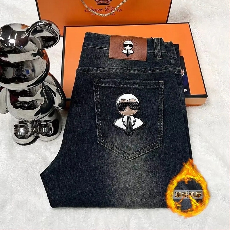 Galeries Lafayette férfi denim nadrág broderiával, slim-fit, egyenes szár, középmagas derékú, enzimes mosás, négy évszak