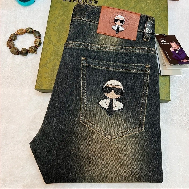 Galeries Lafayette férfi denim nadrág broderiával, slim-fit, egyenes szár, középmagas derékú, enzimes mosás, négy évszak
