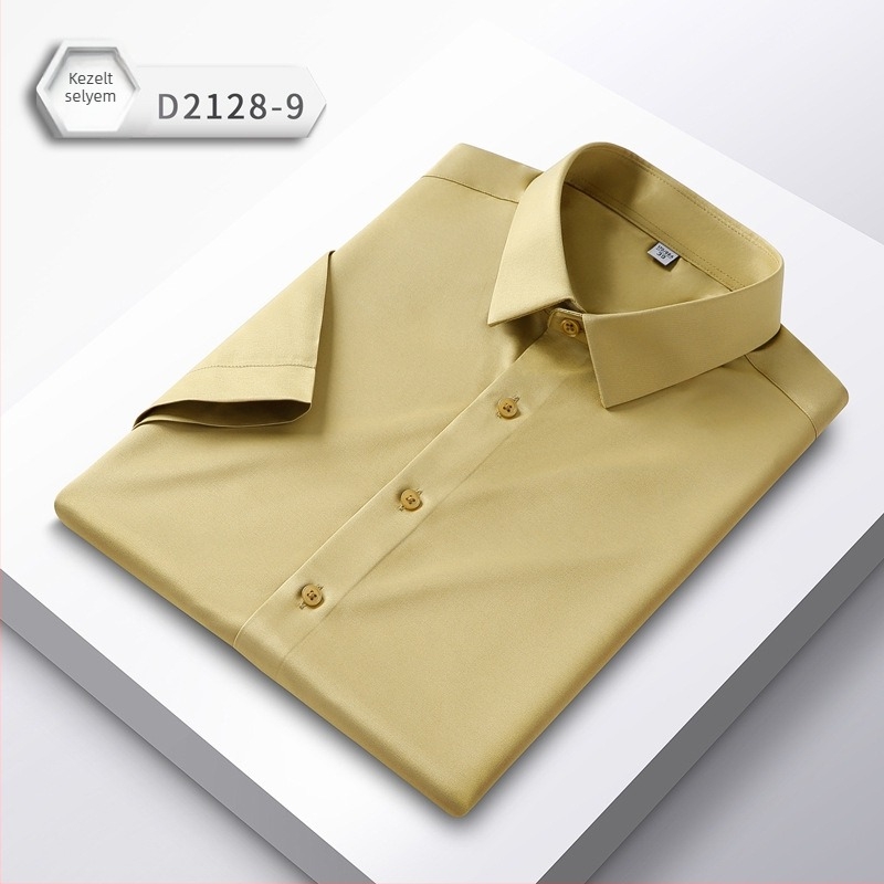 Férfi Stretch Selyem Rövid Ujjú Ing, Légáteresztő, Vasalásmentes, Slim Fit, Imitált Selyem