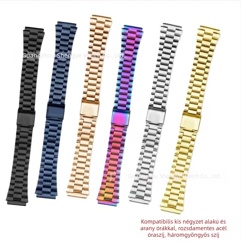 Rozsdamentes acél óraszíj A158W, A168, F91W, AE1200 és AQ230 modellhez, kis négyzetes órákhoz
