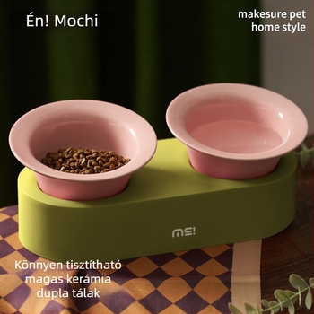 Mochi kerámia macska kettős tál ferde peremmel ételhez és vízhez — anyagok: kerámia és PP