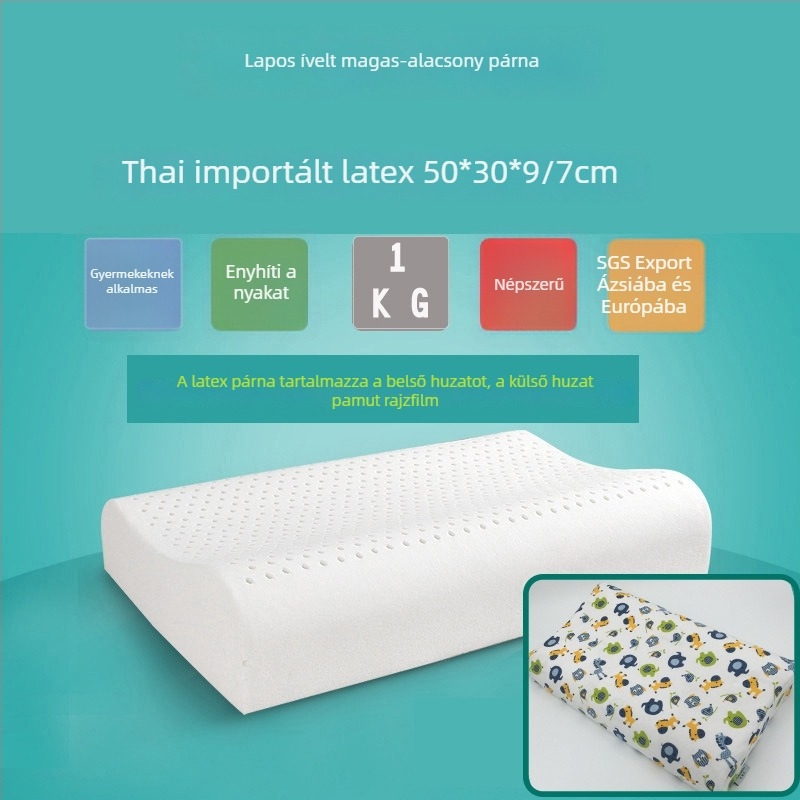 Indini természetes latex párna kontúros formával, állítható magasság 5–10 cm, téglalap alakú, nyaki gerinc támogatása, felnőtteknek, gyerekeknek és diákoknak