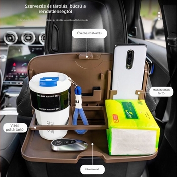 Autóhátsó üléshez étkezőasztal — összecsukható tálca, pohártartó, faanyagú kivitel, fali rögzítés, univerzális kompatibilitás