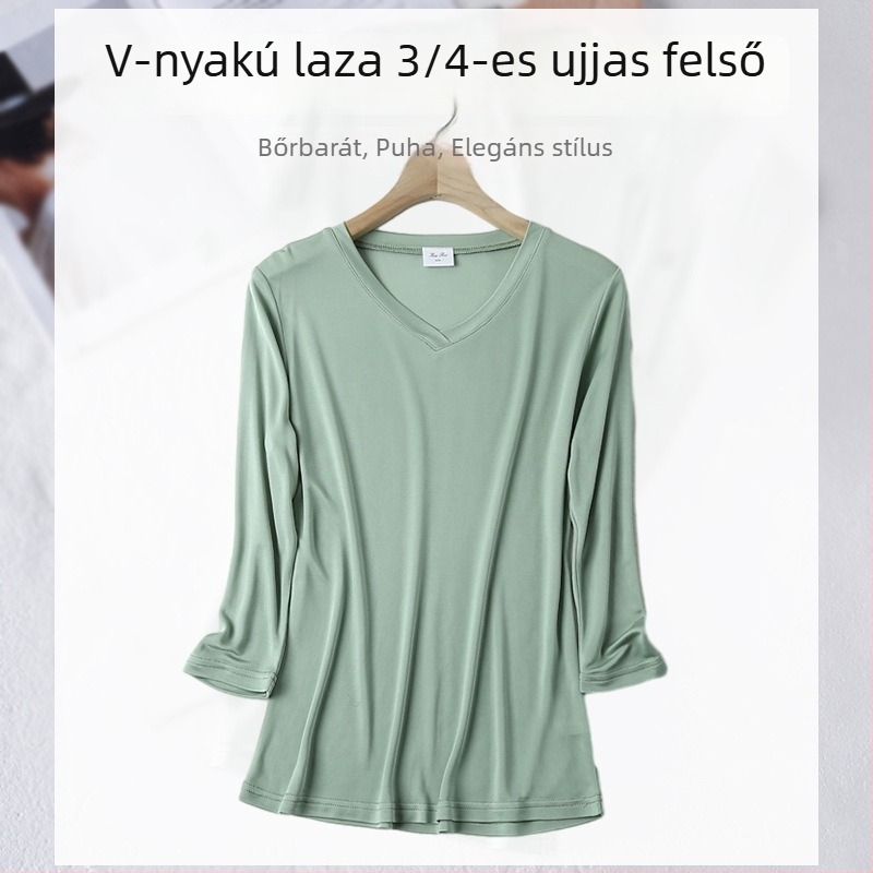 Női selyem felső, 3/4 ujjú, V-nyakú, 23% Mulberry selyem + 77% viszkóz, hossz 50–65 cm