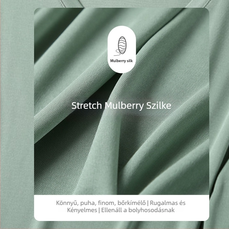 Női selyem felső, 3/4 ujjú, V-nyakú, 23% Mulberry selyem + 77% viszkóz, hossz 50–65 cm
