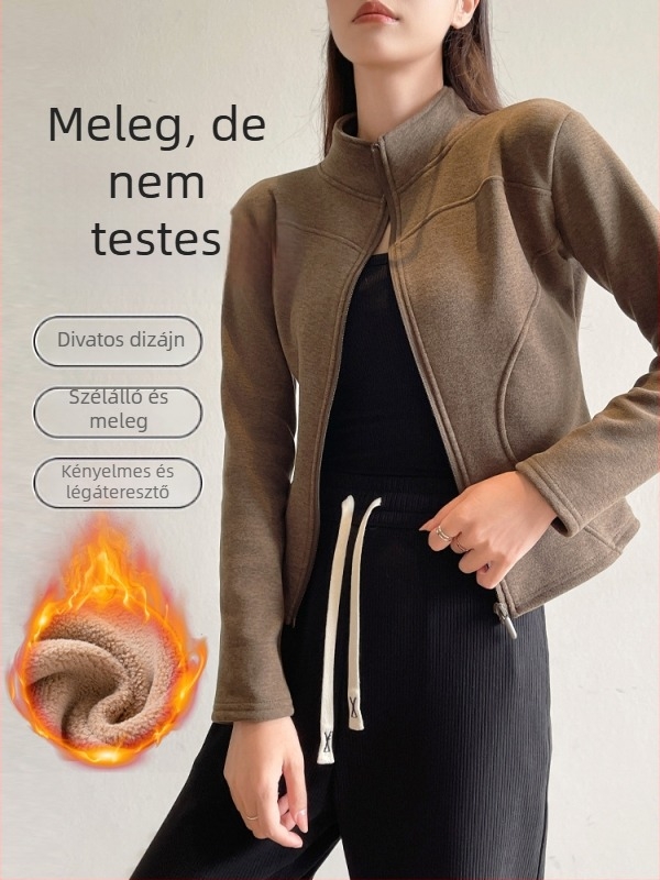 H570 Áll-állású rövid kabát fleece-béléssel, női karcsú fazon, meleg jóga felső