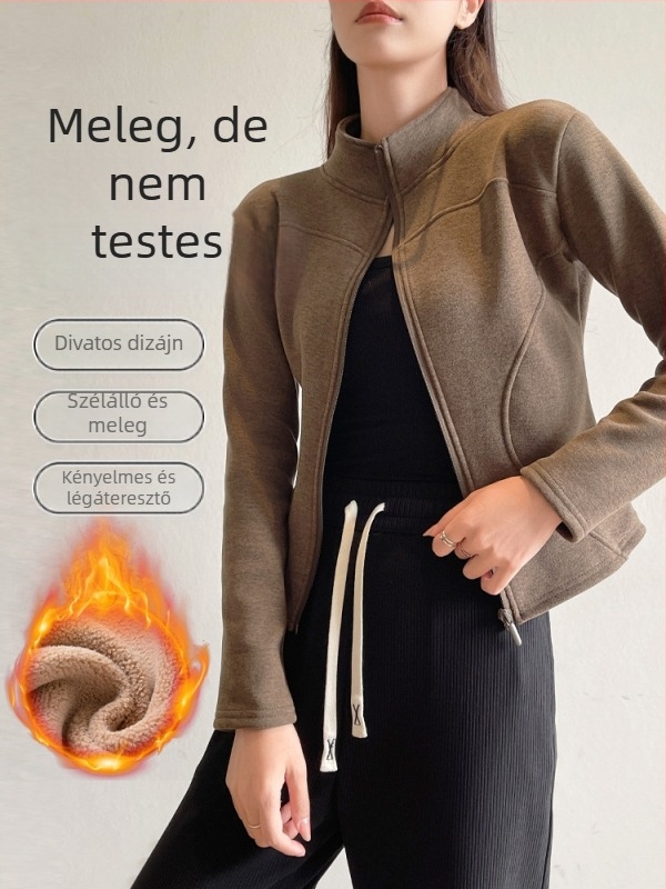 H570 Áll-állású rövid kabát fleece-béléssel, női karcsú fazon, meleg jóga felső