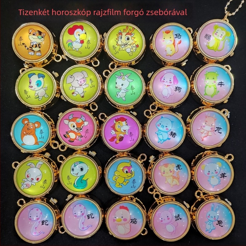 Rajzfilmszerű forgó zsebóra nyaklánc gyerekeknek, kvarc működés, kerek számlap, ötvözetes tok