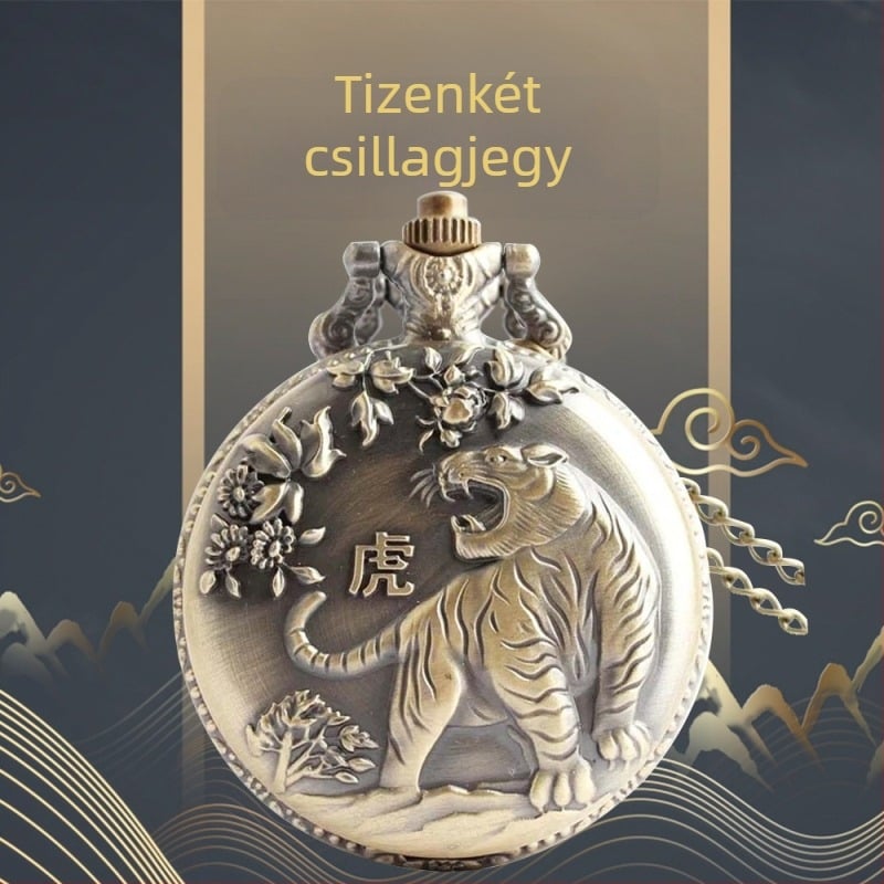Antik zsebórás 12 zodiákussal, kvarc működés, ötvözetes tok és medálos nyaklánc
