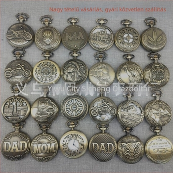 Kvarc zsebóra, fémből készült tokkal, kör alakú számlappal, üregesen faragott lokomotív motívummal, mozgásmodell 68