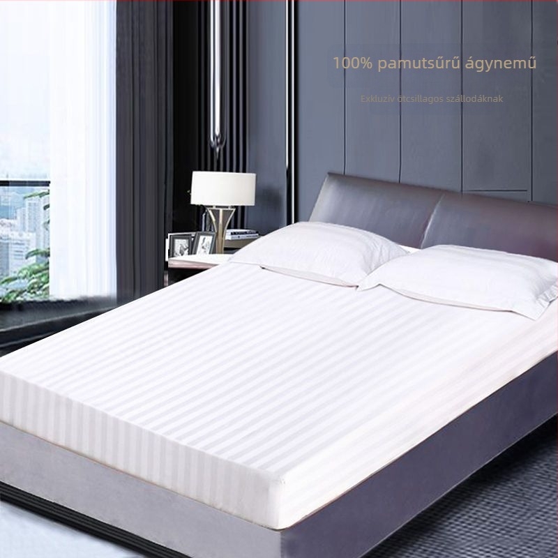 Hotel-stílusú gumis lepedő, csíkos mintázat, jacquard és sima szövés, poliészter-pamut keverék