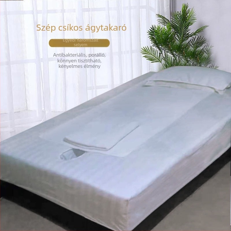 Hotel-stílusú gumis lepedő, csíkos mintázat, jacquard és sima szövés, poliészter-pamut keverék