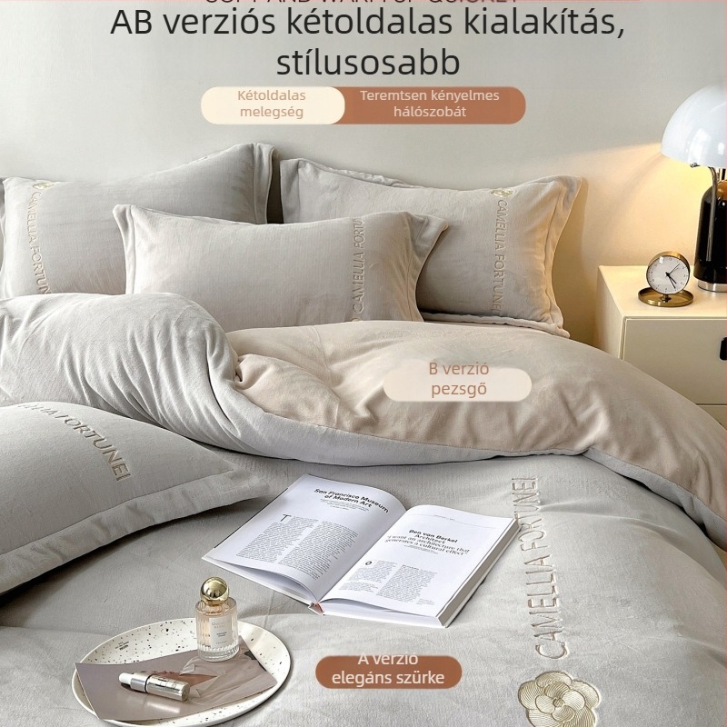 Milk Velvet négy részes ágyneműszett, kétoldalas plüss, vastag és meleg őszi-téli időszakra — paplanhuzat, lepedő és párnahuzatok