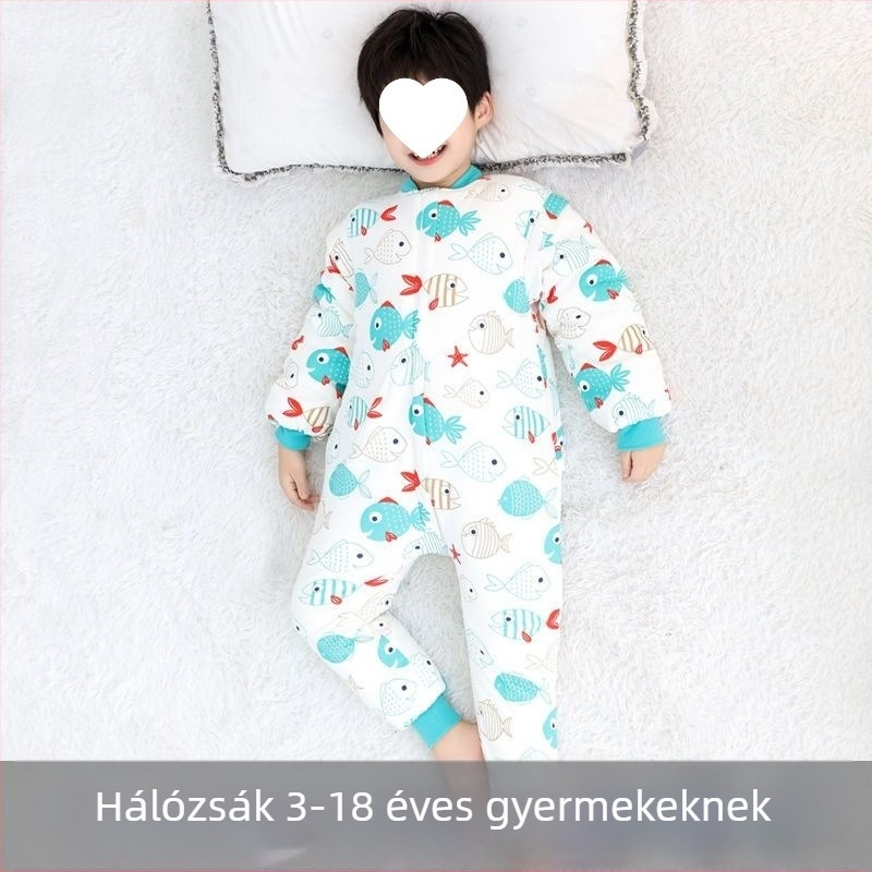 Gyerekeknek készült vastag őszi-téli egyrészes pizsama integrált hálózsákkal, kasmír töltettel, uniszex, 3–12 éves méretek