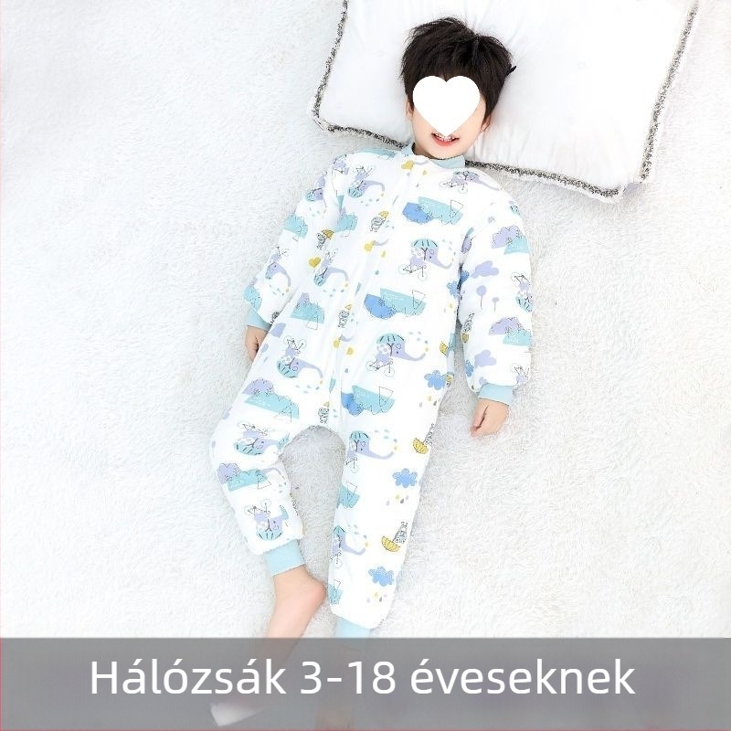 Gyerekeknek készült vastag őszi-téli egyrészes pizsama integrált hálózsákkal, kasmír töltettel, uniszex, 3–12 éves méretek