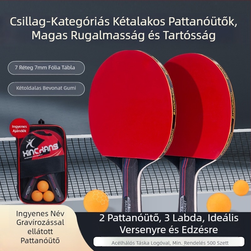 2 darab asztalitenisz ütő készlet Shakehand fogással, magas rugalmasságú penge, poplar penge, gumi pozitív ragasztóval, tartozék: tok és 3 labda