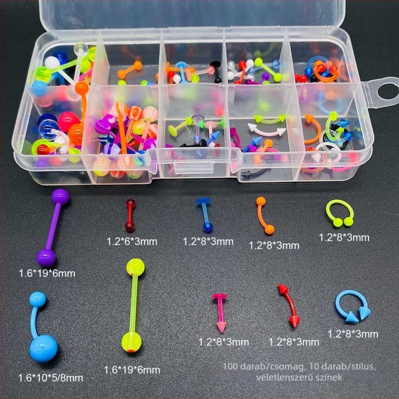 Piercing ékszer készlet — rozsdamentes acél, elektroplakálás, U-formájú, tartalmaz orrgyűrűt, orrcsavart, szemöldökcsapot, köldökgyűrűt