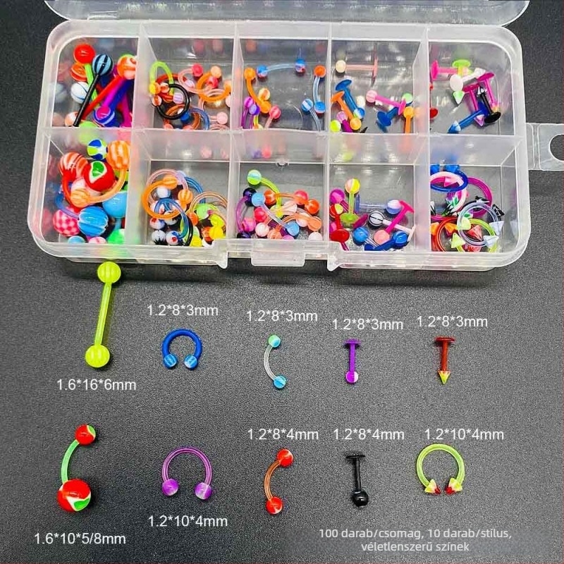 Piercing ékszer készlet — rozsdamentes acél, elektroplakálás, U-formájú, tartalmaz orrgyűrűt, orrcsavart, szemöldökcsapot, köldökgyűrűt
