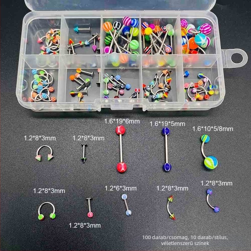 Piercing ékszer készlet — rozsdamentes acél, elektroplakálás, U-formájú, tartalmaz orrgyűrűt, orrcsavart, szemöldökcsapot, köldökgyűrűt