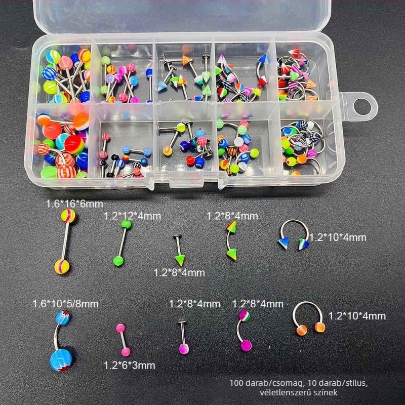 Piercing ékszer készlet — rozsdamentes acél, elektroplakálás, U-formájú, tartalmaz orrgyűrűt, orrcsavart, szemöldökcsapot, köldökgyűrűt