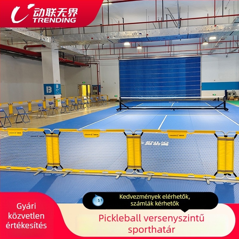 Mógatható pickleball és tenisz kerítés reklám kijelző állvánnyal, összecsukható A‑verzió a pályához. Anyag: 250 g/m² vastag warp-knit szövet; alumínium cső, nem rozsdásodik. Tömeg: 5,2 kg. Alkalmas pickleball, foci és campus sportterületeinek elválasztásá