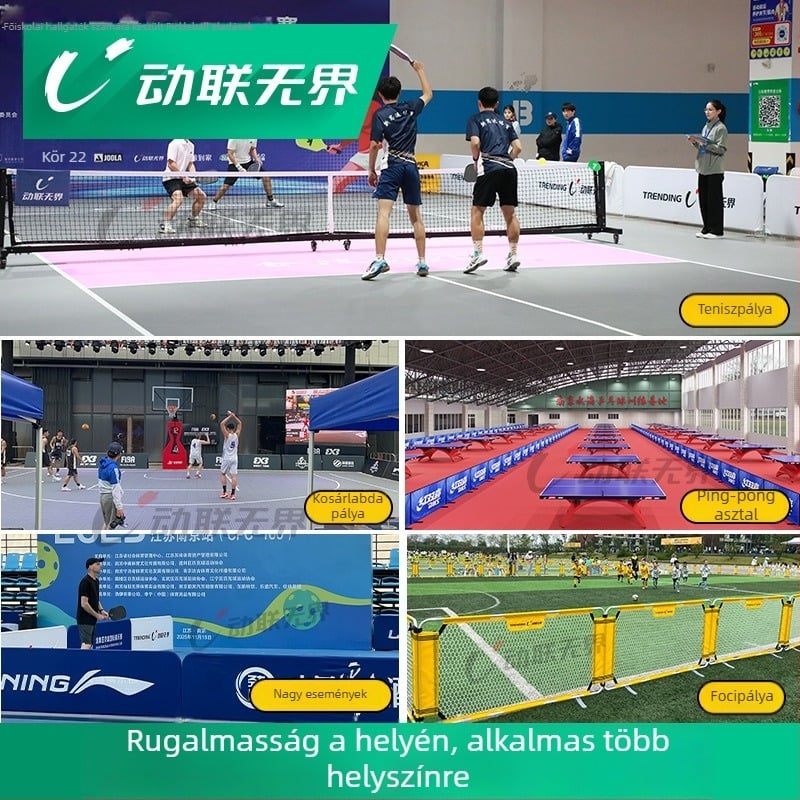 Mógatható pickleball és tenisz kerítés reklám kijelző állvánnyal, összecsukható A‑verzió a pályához. Anyag: 250 g/m² vastag warp-knit szövet; alumínium cső, nem rozsdásodik. Tömeg: 5,2 kg. Alkalmas pickleball, foci és campus sportterületeinek elválasztásá