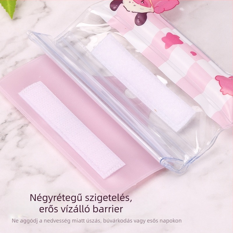 Rajzfilm mintás vízálló telefontáska érintőképernyővel, PVC anyagú, három hajtásos kialakítású légzsákkal, nyakpánttal