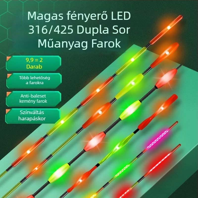 LED lebegő farkú horgász úszó — nagy fényerő, 322/425 dupla LED-sor, színváltás, nappali és éjszakai használatra