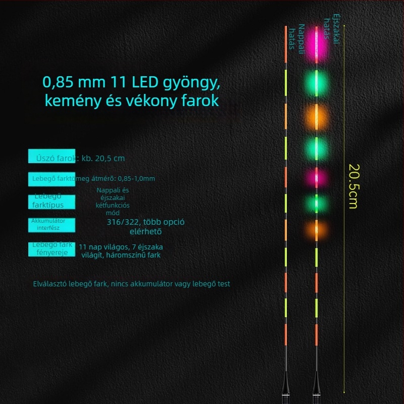 LED lebegő farkú horgász úszó — nagy fényerő, 322/425 dupla LED-sor, színváltás, nappali és éjszakai használatra